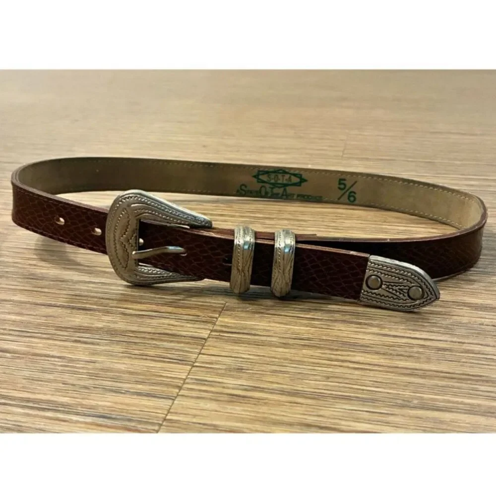 State of the Art Brown Snakeskin Embossed Leather Belt Silver Buckle 5/6 Vintage